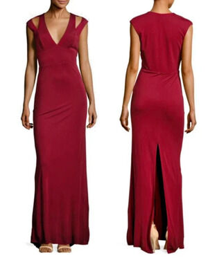 NWT ABS Allen Schwartz Cutout V-Neck Slit Long Sheath Dress Red Women's Small